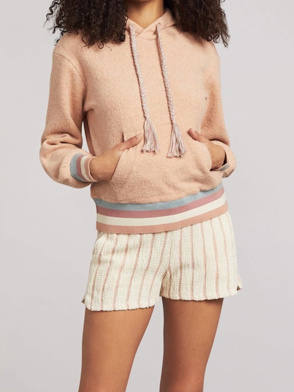 Faherty Cream and Blush Hooded Pullover with Stripe Trim